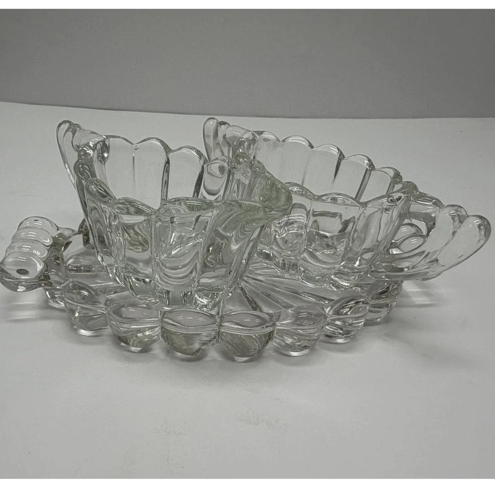 Vintage Clear Pressed Glass Cream and Sugar Set with Scalloped Oval Tray 3pc